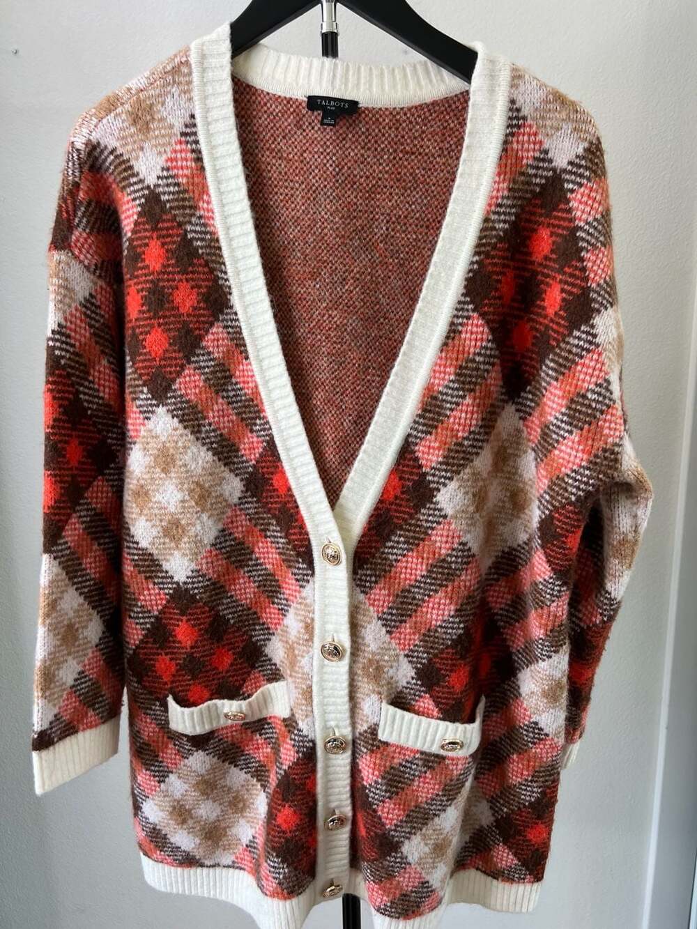 Talbots Plus Size V-Neck Statement Plaid Cardigan Sweater with Gold Buttons